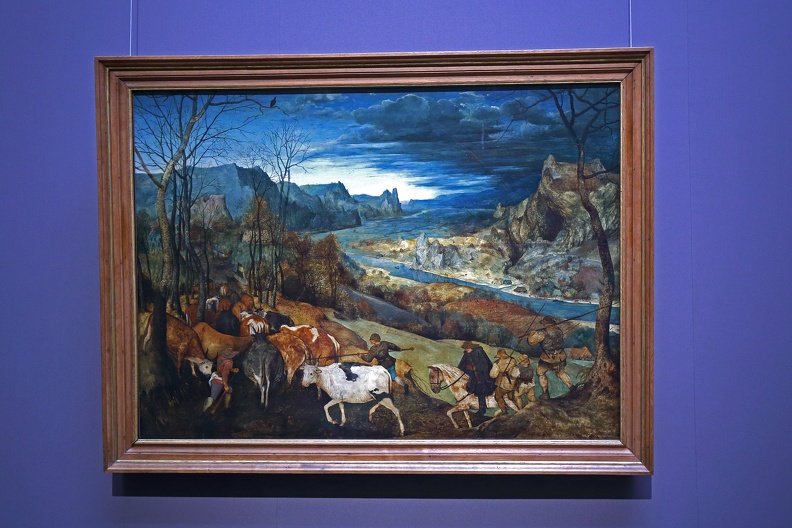 Das Gemälde von Pieter Bruegel d.Ä Heimkehr der Herde entstand im Jahr 1565.Die heimkehrende Herde als Motiv des Herbstes wurde von Bruegel neu in die Malerei eingeführt und könnte auf Eindrücke einer Schweizreise zurückgehen.
Der Almabtrieb als Einschnitt im bäuerlichen Jahr wird zur Titelszene,Hauptthema ist aber die ins Erhabene gesteigerte Landschaft in ihrer herbstlich getönten Farbigkeit und Stimmung khm_pieter_bruegel_gemaelde_1221.jpg